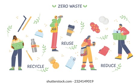 Set of people zero waste lifestyle flat style, vector illustration isolated on white background. Reusable items, recycle and reduce, eco friendly characters, decorative design elements collection