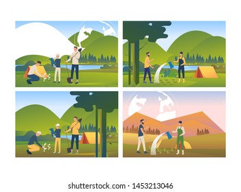 Set of peoplegrowing plants. Group of men and women farming. Cultivation concept. Vector illustration can be used for presentation slide, new project, commercial