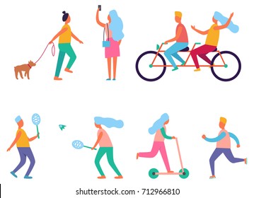 Set of peoples activities such as walking the dog, cycling and running, skating and playing badminton, taking pictures vector illustration