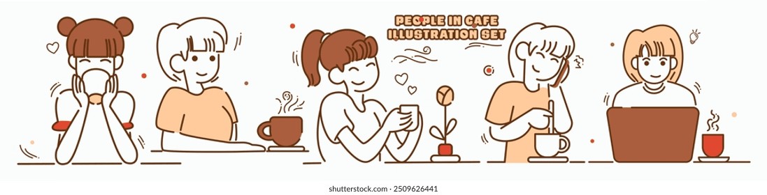 Set of People's Activity in Cafe, restaurant, fast food, kitchen, and coffee shop. Cute hand drawn cartoon characters