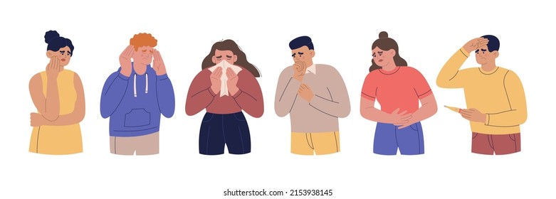 Set of peoples with different symptoms of diseases. Men and women with colds, toothache, stomachache, headache. Hand drawn vector illustration isolated on white background. Modern flat cartoon style.