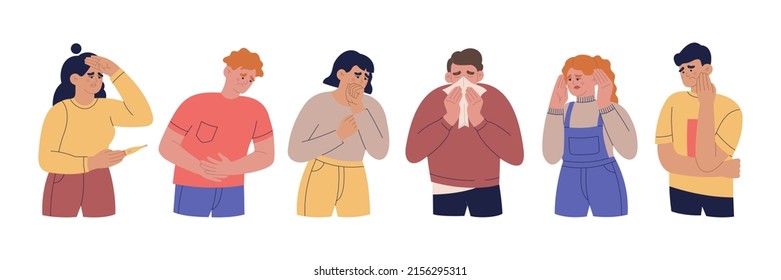 Conjunto de personas con diferentes síntomas de enfermedades. Hombres y mujeres con resfriados, dolor de dientes, dolor de estómago, dolor de cabeza. Ilustración del vector de color dibujado a mano aislada en fondo blanco. Estilo de caricatura plano.