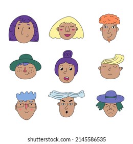 Eine Reihe von Gesichtern im Doodle-Stil. Handgezeichnete flache Vektorgrafik.
