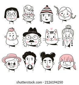 Set of people's faces. Hand drawn vector illustration in doodle style
