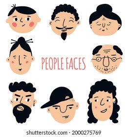 Set of peoples faces. Hand-drawn graphics. Different men and women. Cartoon characters.