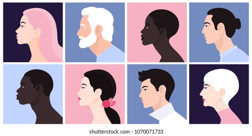A set of people's faces in profile: men, women, young and elderly of different races and nations. Vector Flat Illustration