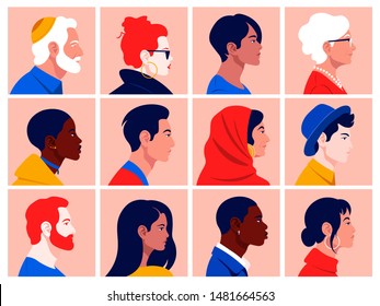 A set of people's faces in profile: men, women, young and elderly of different races and nations. Diversity.  Avatars. Vector flat Illustration