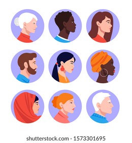 A set of people's faces in profile: men, women, young and elderly of different races and nations. Diversity. Avatars. Vector flat Illustration