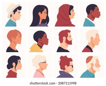 A set of people's faces in profile. Men, women, young and elderly of different races and nations. Flat illustration vector