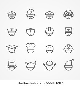 Set of peoples faces showing professions. Doctor, worker, driver, policeman, sailor, pilot, cook, soldier, miner, cowboy. Minimalistic silhouette line style no eyes. People vector stock image.