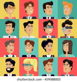 Set of peoples faces vector in flat style. Collection of business characters heads on different colors background. Illustrations for corporate avatars, app icons, infographics, logotype design. 