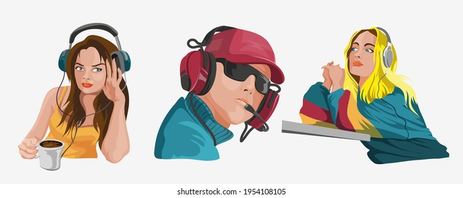 Set with peoples in headphones listening music. Vector characters isolated on white background. Blonde woman, brunette and young man in headphones isolated