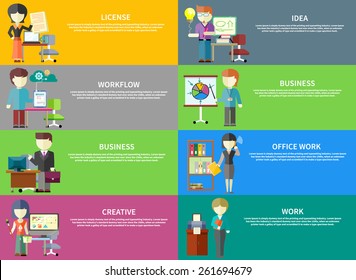 Set of peoples office professions on banners. Concepts of license, idea, workflow, business, office work, creative, work. Concept in flat design style