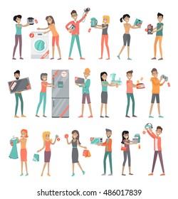 Set of peoples on store sale. Flat design vector. Man and woman happy characters holding different goods with sale stickers on it. Home technic, electronic devices, clothes, perfumes shopping 