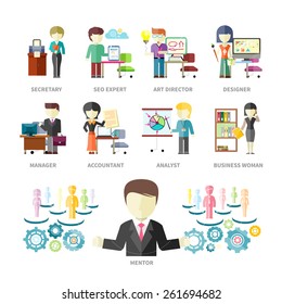 Set of peoples professions isolated on with background. Mentor with secretary, seo expert, art director, designer, manager, accountant, analyst and business woman. Concept in flat design style