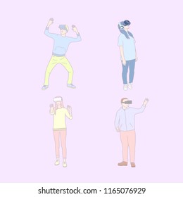 Set of Peoples use VR glasses. Hand drawn style vector doodle design.