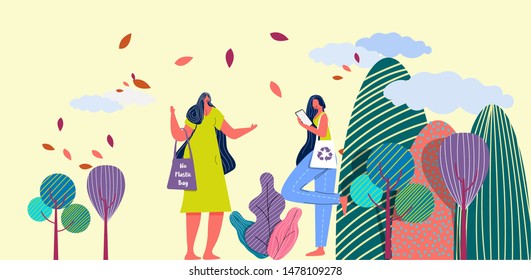 Set of people,use recycle bag and Say no Plastic bag. concept save the Earth and Earth day,Vector illustration in the flat style
