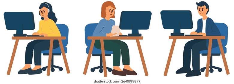 set peple sitting working at a computer on transparent background, Flat Style