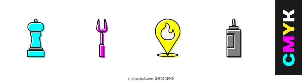 Set Pepper, Barbecue fork, Location with fire flame and Sauce bottle icon. Vector