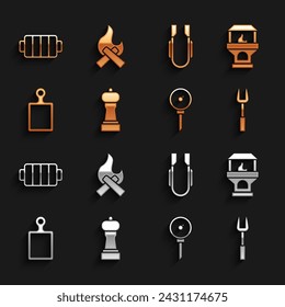 Set Pepper, Brick stove, Barbecue fork, Kitchen thermometer, Cutting board, Meat tongs, grill and Campfire icon. Vector