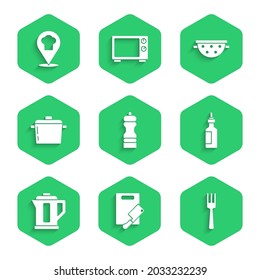 Set Pepper, Cutting board and meat chopper, Fork, Bottle of olive oil, Electric kettle, Cooking pot, Kitchen colander and Chef hat with location icon. Vector