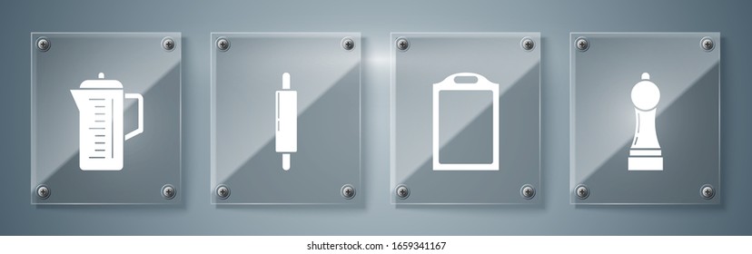 Set Pepper , Cutting board , Rolling pin  and Teapot . Square glass panels. Vector