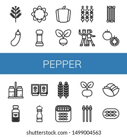 Set of pepper icons such as Dill, Eggplant, Cauliflower, Grinder, Pepper, Radish, Shish kebab, Salsa, Onion, Tomato, Salt and pepper, Spices, Sauces, Brussels sprouts ,