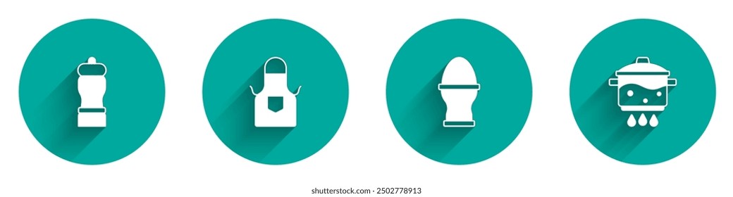 Set Pepper, Kitchen apron, Chicken egg stand and Cooking pot fire icon with long shadow. Vector