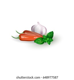 Set of pepper, mint and garlic in realistic style, isolated on white background