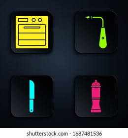 Set Pepper, Oven, Knife and Long electric lighter. Black square button. Vector