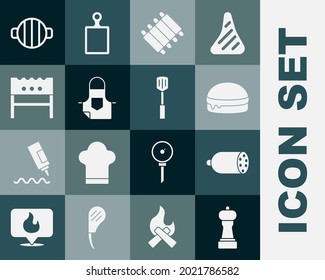 Pimiento, salami salchicha, hamburguesa, costillas de cerdo a la parrilla, delantal de cocina, brasero de barbacoa, parrillada barbacoa e icono de espátula. Vector