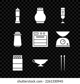 Set Pepper, Salt and pepper, Blender, Open matchbox matches, Sauce boat, Food chopsticks,  and Oven icon. Vector