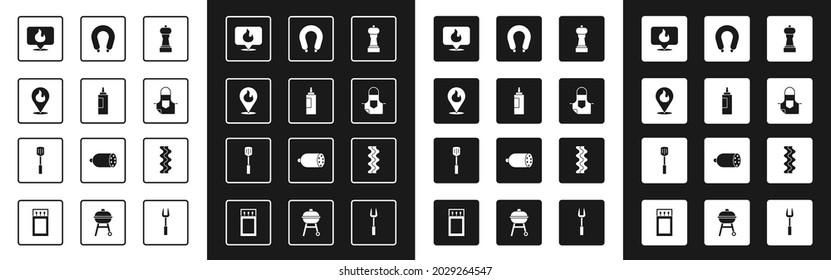 Set Pepper, Sauce bottle, Location with fire flame, Kitchen apron, Sausage, Bacon stripe and Barbecue spatula icon. Vector