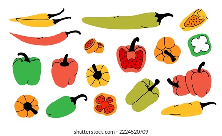Juego de boceto de pimienta. Los pimientos de chile rojo caliente y los pimientos de campana esbozan la ilustración. Dibujo de pimienta. Elemento de diseño dibujado a mano. Ilustración del vector