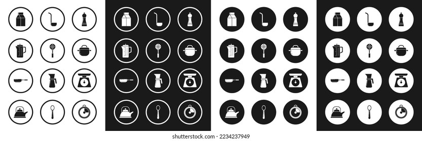 Set Pepper, Spatula, Teapot, Paper package for milk, Cooking, Kitchen ladle, Scales and Frying pan icon. Vector