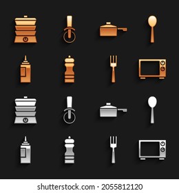Set Pepper, Spoon, Microwave oven, Fork, Sauce bottle, Frying pan, Slow cooker and Pizza knife icon. Vector