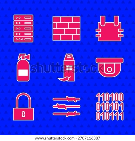 Set Pepper spray, Barbed wire, Binary code, Motion sensor, Lock, Fire extinguisher, Bulletproof vest and Server, Data, Web Hosting icon. Vector