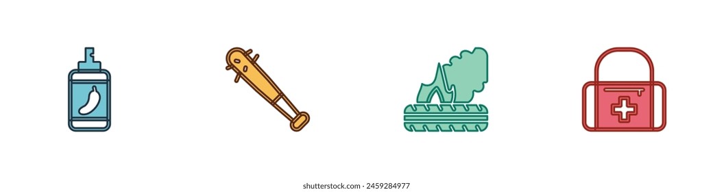 Set Spray de pimienta, bate de béisbol con clavos, llantas ardientes tumbadas e icono de botiquín de primeros auxilios. Vector