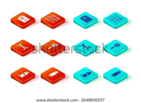 Set Pepper spray, Bullet, Barbed wire, Magnifying glass Search, Binary code and Safe icon. Vector