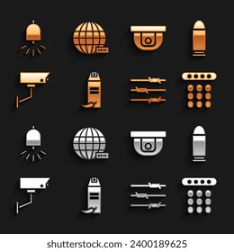 Set Pepper spray, Bullet, Password protection, Barbed wire, Security camera, Motion sensor, Ringing alarm bell and Social network icon. Vector