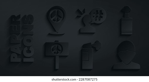 Set Pepper spray, Hand grenade, Peace, Vandal, Protest and Location peace icon. Vector