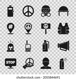 Set Pepper spray, Megaphone, Bulletproof vest, Gas mask, Location peace, Protest, Police assault shield and Peace icon. Vector