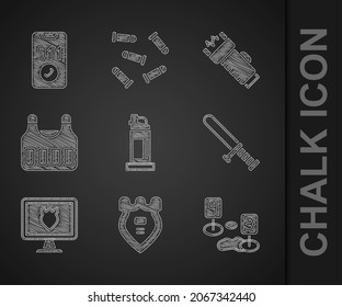 Set Pepper spray, Police badge, Marker of crime scene, rubber baton, database, Bulletproof vest, electric shocker and Telephone call 911 icon. Vector