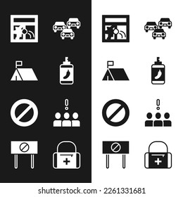 Set Pepper spray, Protest camp, Broken window, Traffic jam, Ban, Crowd protest, First aid kit and  icon. Vector