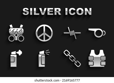 Set Pepper spray, Whistle, Bulletproof vest, Chain link, Barbed wire, Gas mask and Peace icon. Vector