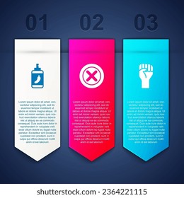 Set Pepper spray, X Mark, Cross in circle and Raised hand with clenched fist. Business infographic template. Vector