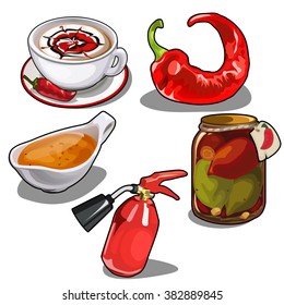 A set peppered food and the fire extinguisher. Vector illustration.