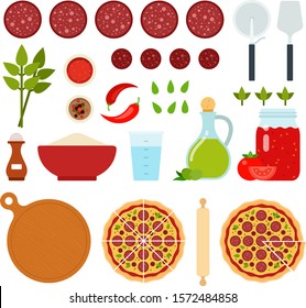 Set of Pepperoni Pizza icons flat vector illustration