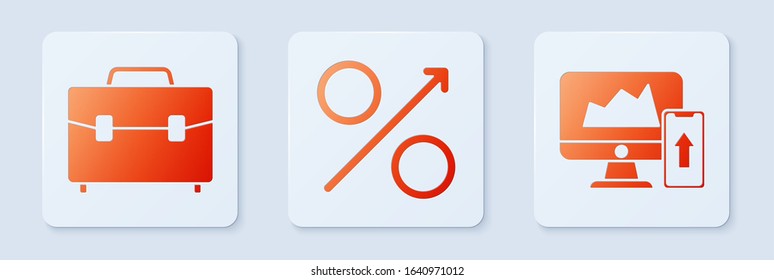 Set Percent up arrow, Briefcase and Financial chart or graph on the computer monitor and mobile phone. White square button. Vector