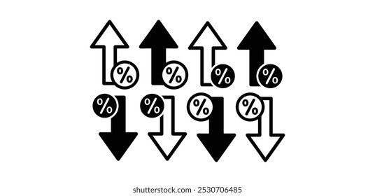 conjunto de seta percentual para cima e para baixo ícone símbolo sinal vetor design preto branco cor ilustração coleção isolado